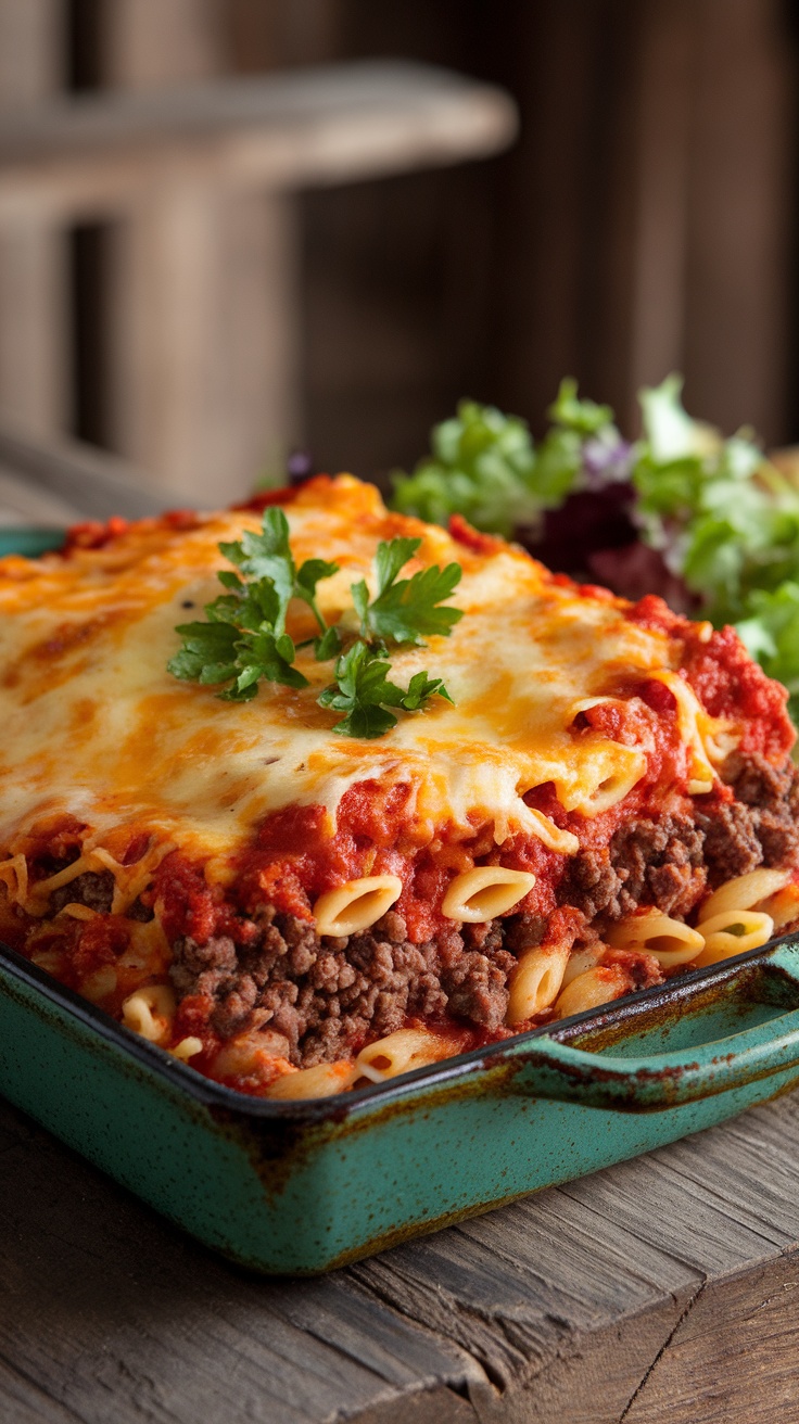 Cheesy hamburger casserole with ground beef and pasta, bubbling with melted cheese, on a rustic table.